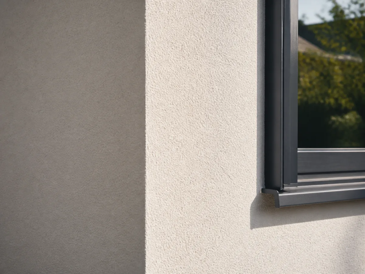 Neu beschichtete helle Fassade mit sauberem Fensteranschluss